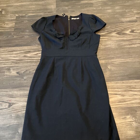 REBECCA TAYLOR Women's Black Wool Ruffle V-Neck Sleeveless Sheath Dress Size 10 - Picture 3 of 13